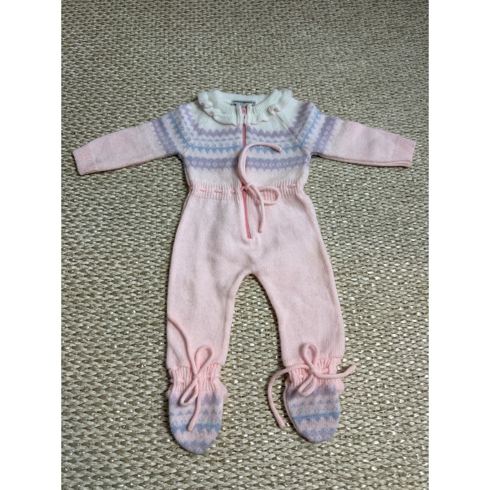 Petit Jouet Vintage Pink Fair Isle Knit Footed Coverall Jumper Baby Girls 6M